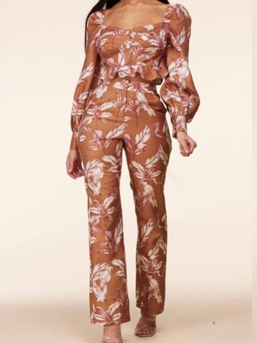 Floral Straight-Leg Jumpsuit Pants Set in Tan